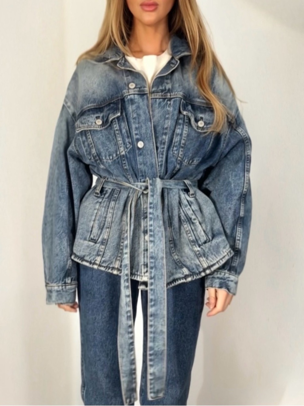 We The Free Light Blue Denim Belted Jacket